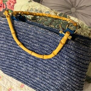 Adorable Vintage Small Blue Woven Tote Bag with Bamboo Handles